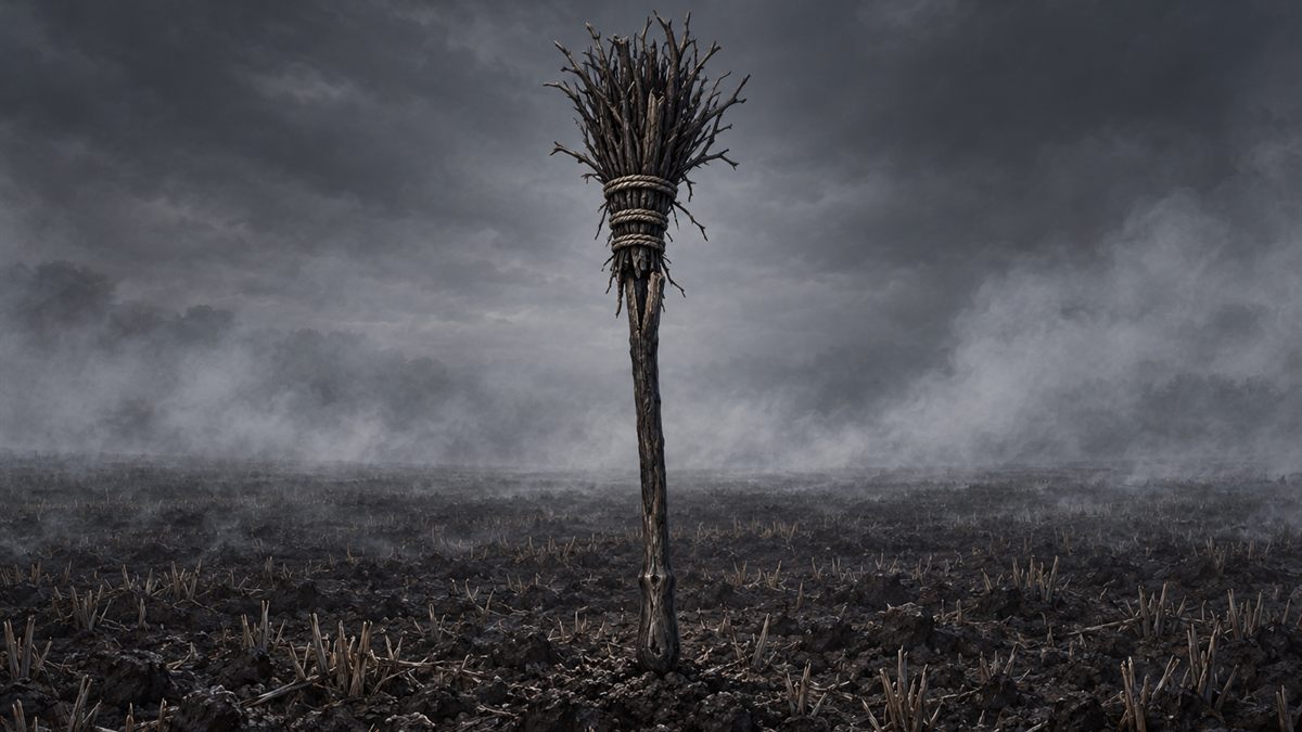 A besom broom standing upright in a harvested field, black against a band of drifting smoke.