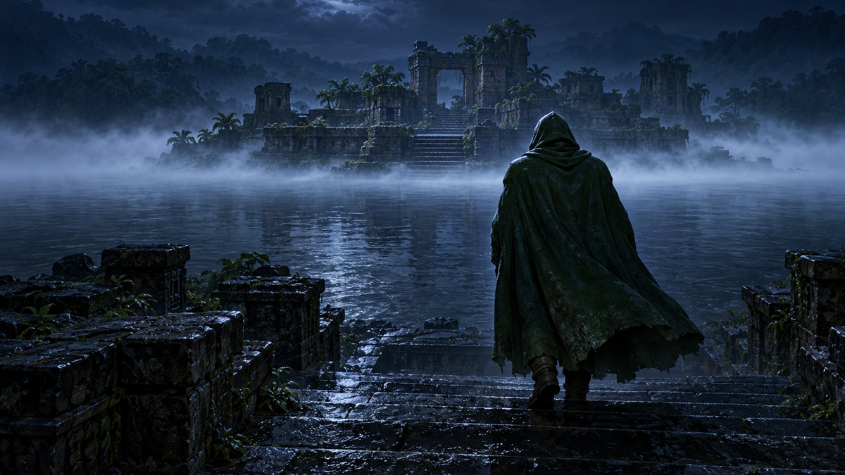 Un aventurier encapuchonné quitte de nuit une ruine de jungle, devant une bande de brume de rivière éclairée par la lune.