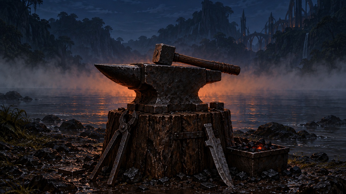 A black iron anvil and hammer on an oak stump against a band of night river mist.