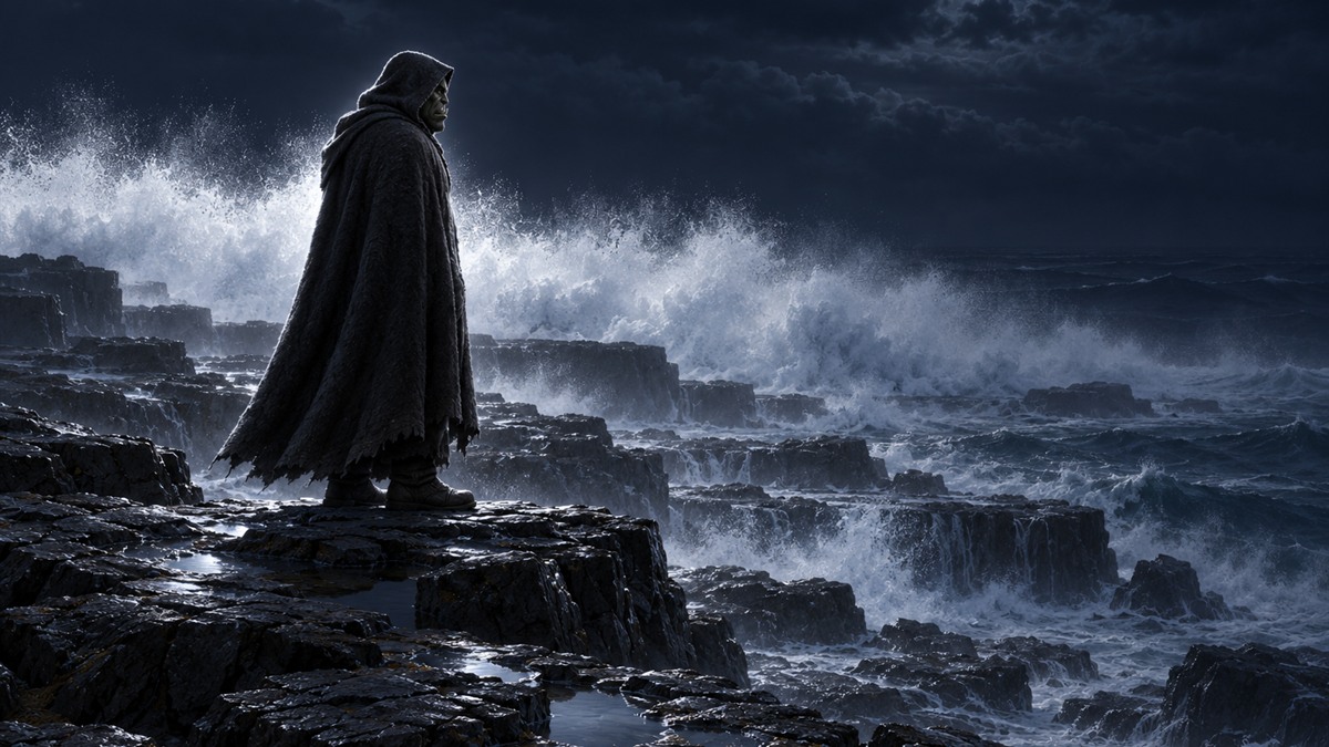 A hooded figure in a dark cloak on a sea cliff against a band of night spray.
