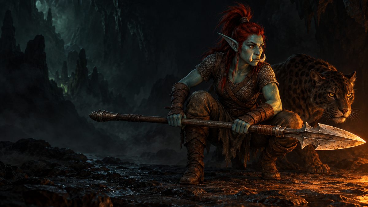 A troll hunter with a polearm and her cat crouch at the mouth of a dark cave, lit by fire.