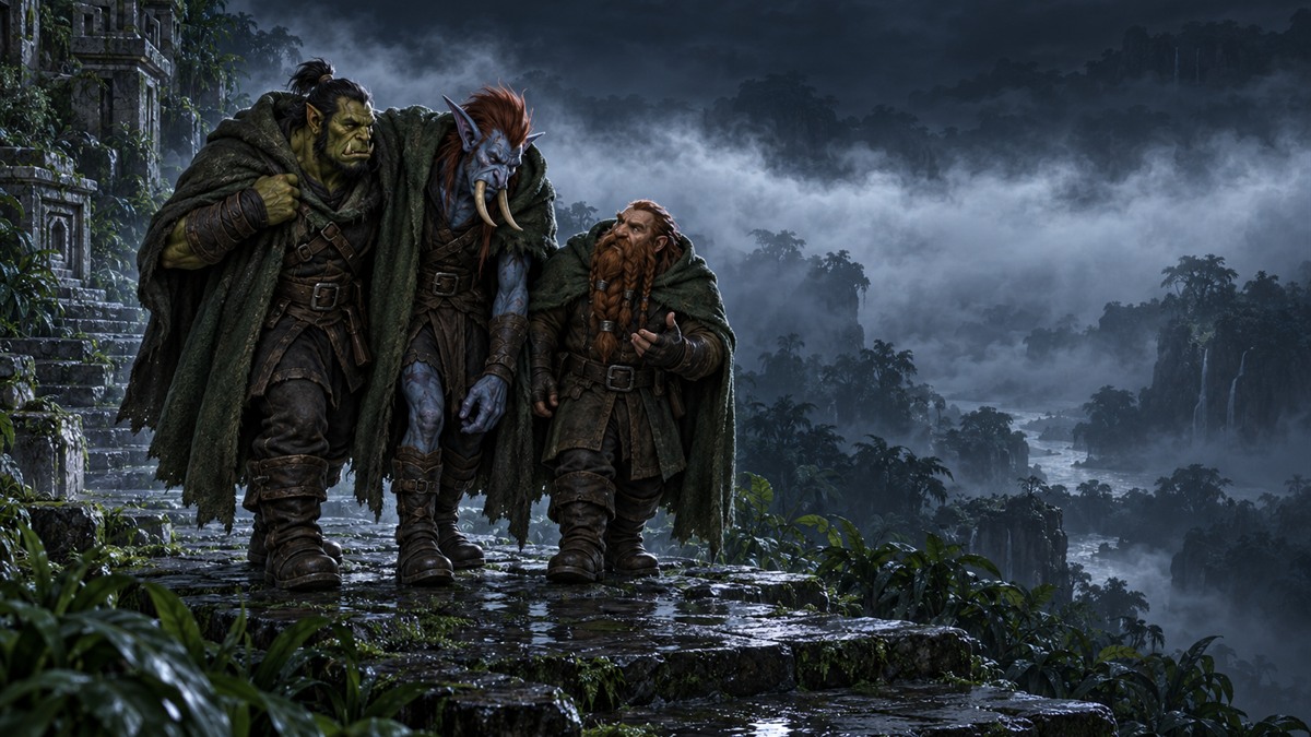Three hooded adventurers stand close together on a stone ledge at night, with a band of moonlit river mist behind them.