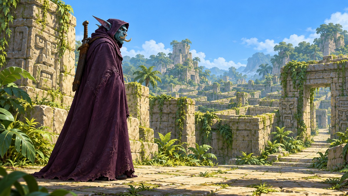 A lone hooded troll at the sunlit entrance of an overgrown stone labyrinth.