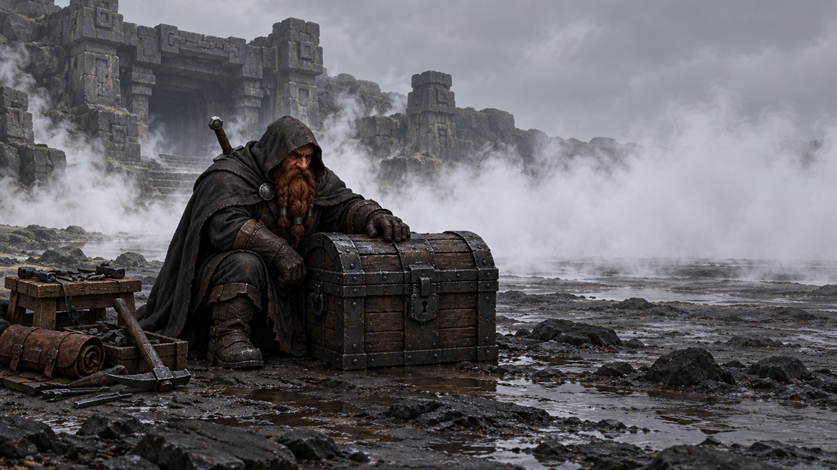 A cloaked adventurer kneels beside an iron-bound chest on a grey morning, white steam rising behind them.