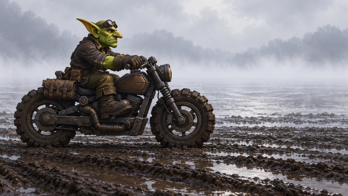 A goblin sits on a heavy motocross bike on a muddy riverside track on a foggy morning.