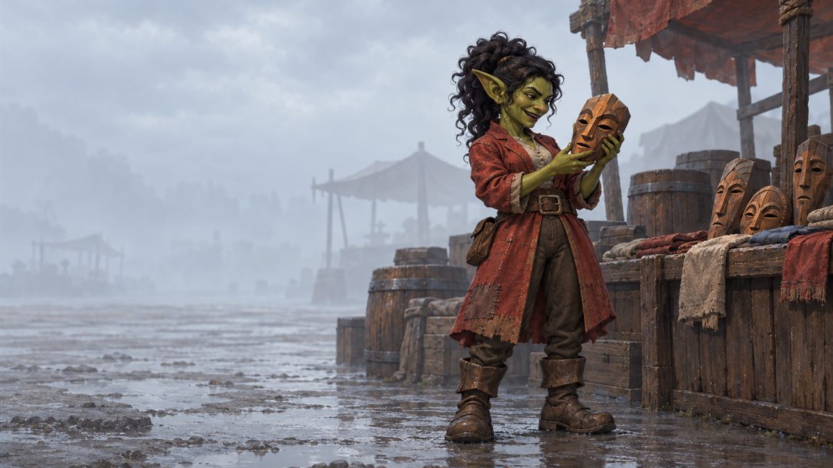 Une marchande gobeline brandit un masque sculpté à un étal de marché par un matin gris et brumeux.