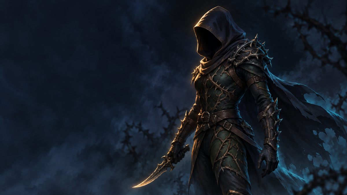 A hooded assassin in thorn-patterned dark leather armour, lit in gold and cyan against a misty night
