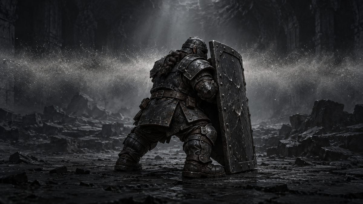 Un guerrier en armure derrière un bouclier dans une salle en ruine, noir devant un mur de poussière éclairée.