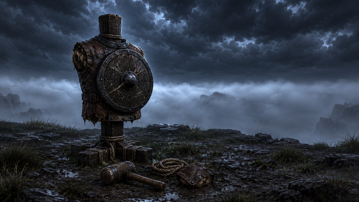 Un mannequin d'entraînement sombre en armure de cuir et de fer se dresse au sommet d'une falaise sur fond de brume nocturne blanche.