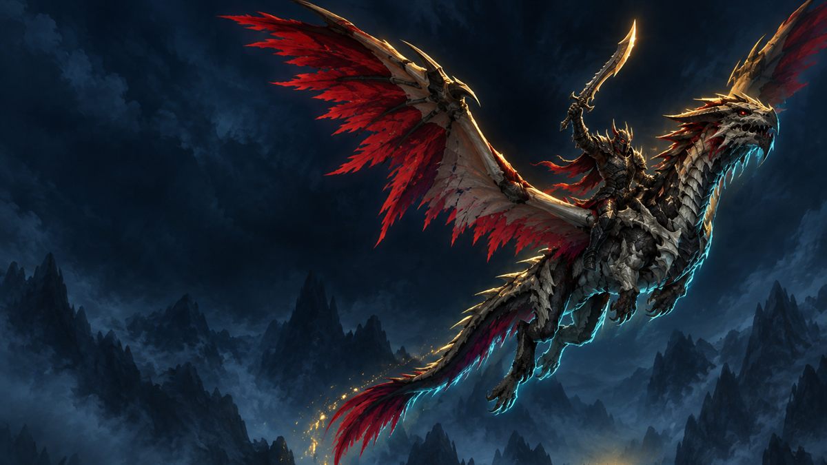 An armoured rider on a winged drake climbing steeply through a dark night sky above misty peaks, lit in gold and cyan