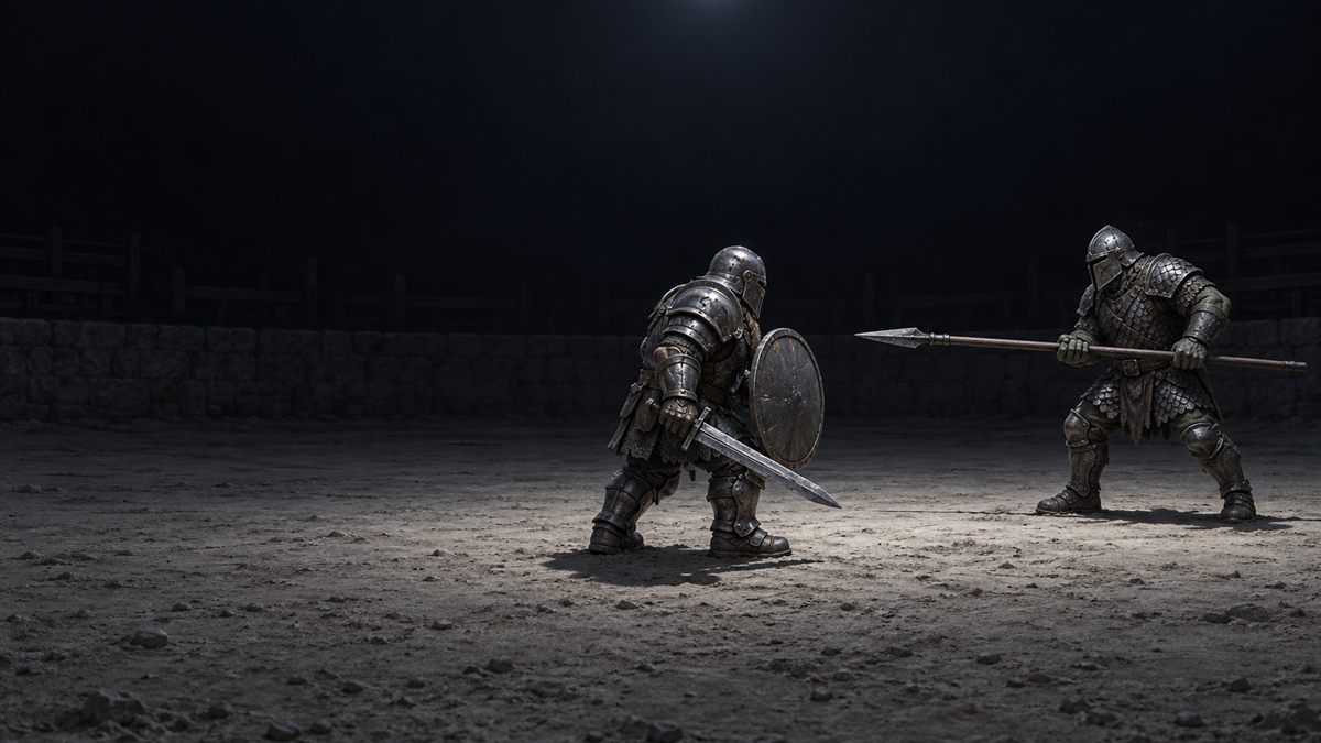 Deux combattants en armure face à face sur le sable d'une petite arène de duel sous une lune haute.