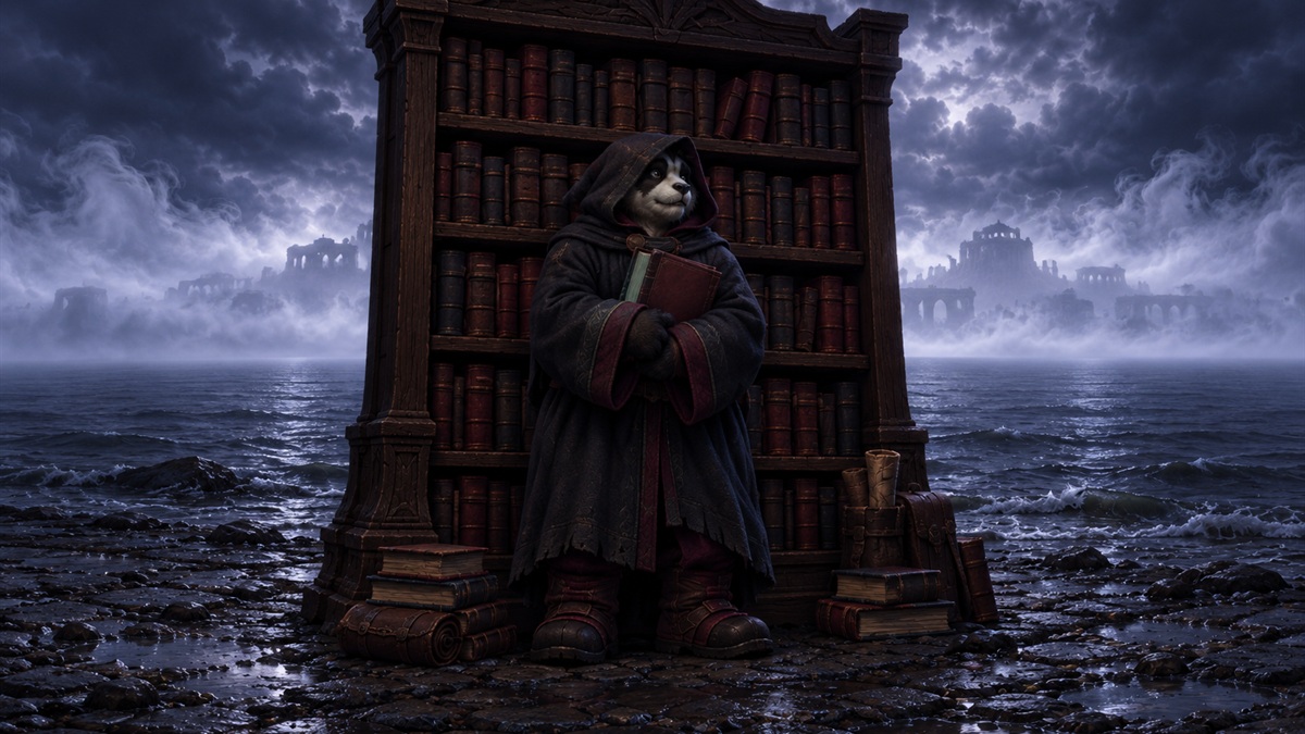 A hooded reader holds a book beside a tall dark bookcase on a lake shore in night mist.