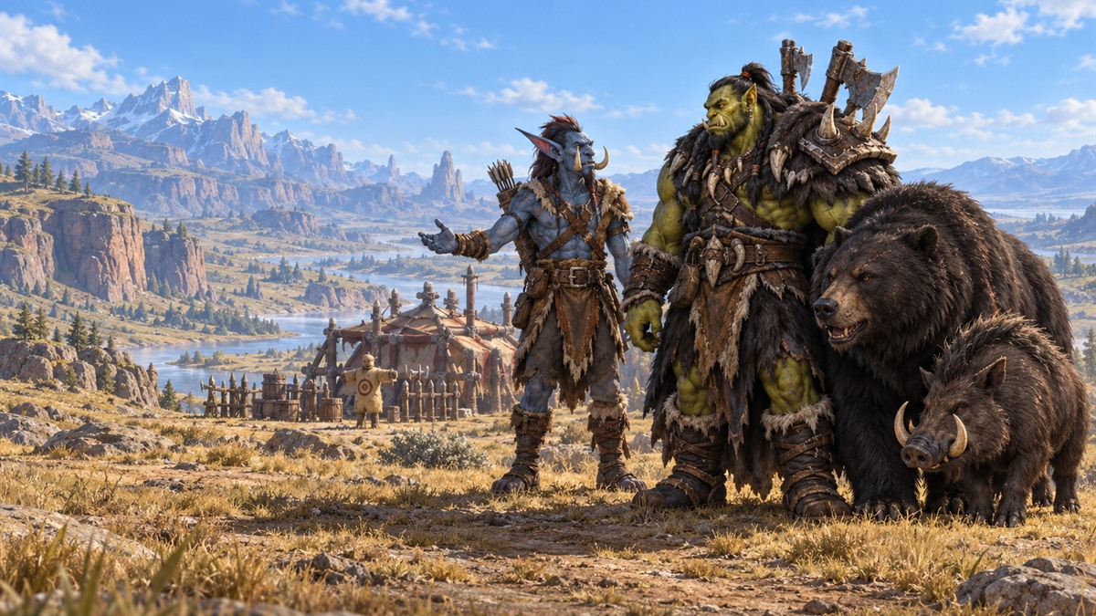 Ein Orc-Bestienmeister mit einem Bären und einem Eber neben einem Trolljäger in einem sonnigen Flusstal.