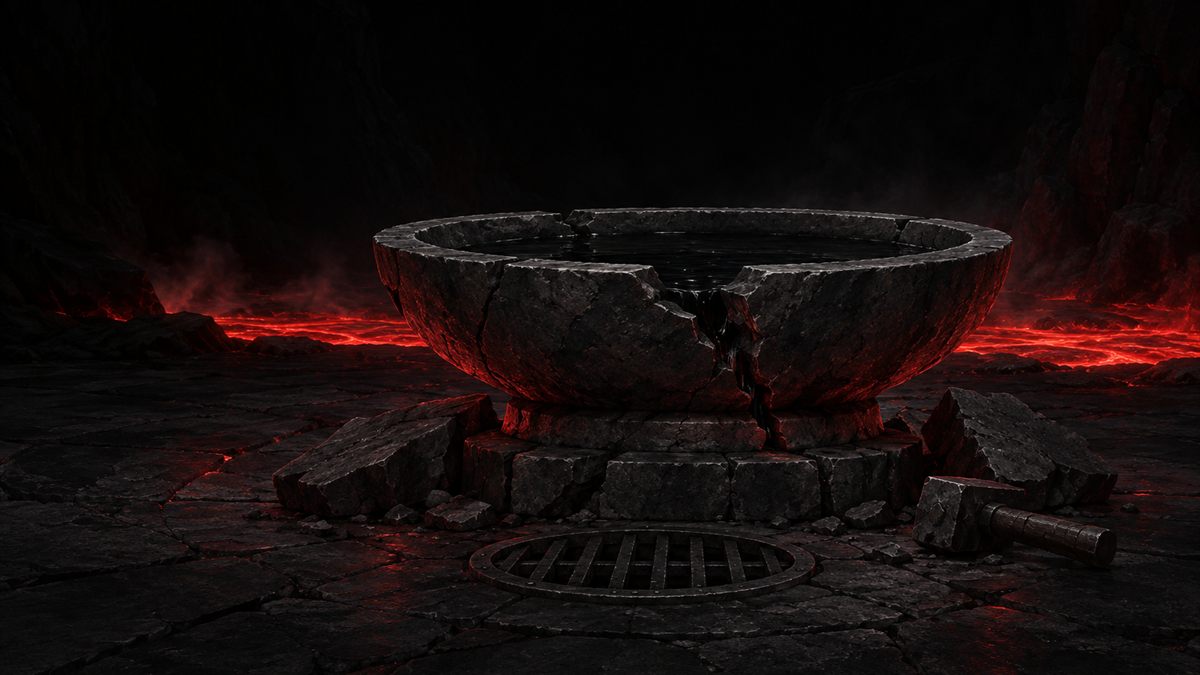 A cracked stone basin on a plinth in a dark cavern, lit from below by a narrow channel of lava behind it.