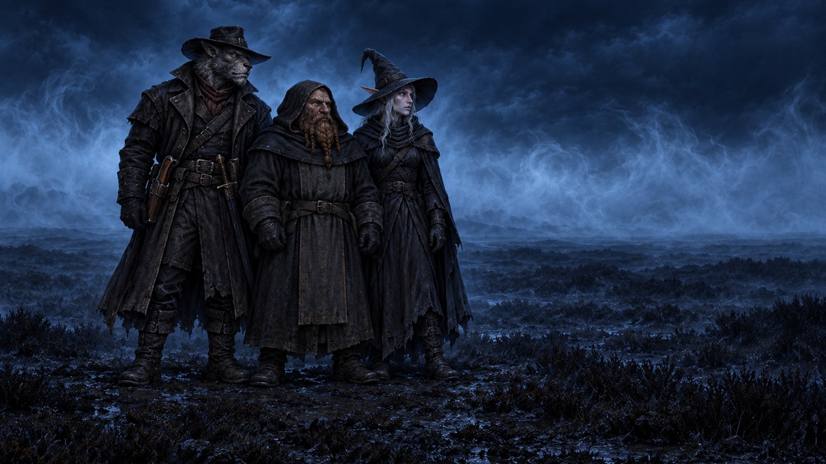 3 hooded adventurers stand close together on a misty heath against a band of fog.