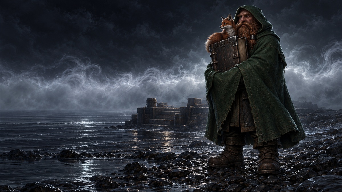 A hooded dwarf on a night shore holds a thick tome, with a small fox sitting on top of it.