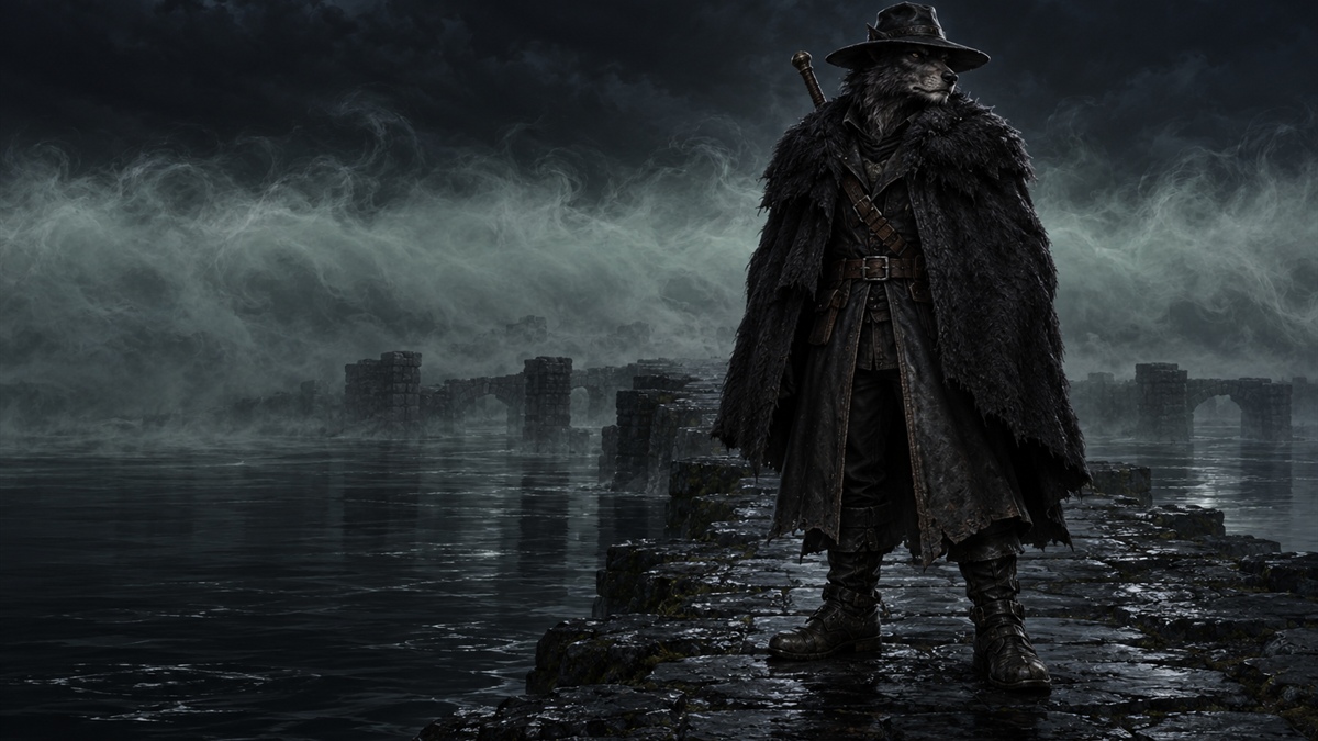 Un cazador de brujas con sombrero de ala ancha y abrigo largo, de pie en una calzada ante la niebla nocturna de un pantano.