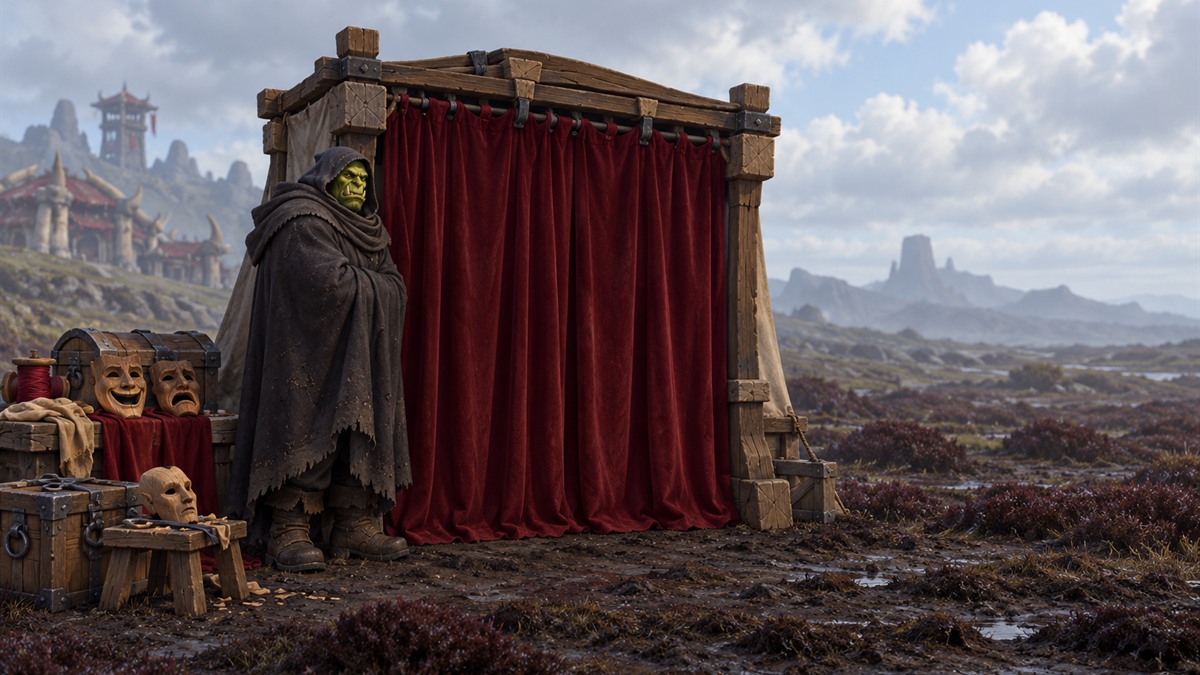 A hooded orc actor beside closed crimson stage curtains and theatre masks on an open moor.