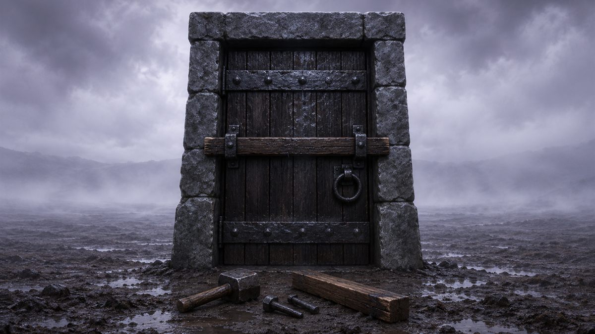 A heavy barred door standing alone in open ground, black against a wall of mist.