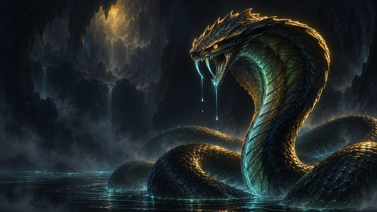 A huge coiled serpent rearing out of black water in a dark flooded cavern, its fangs dripping faint venom, lit in gold and cyan