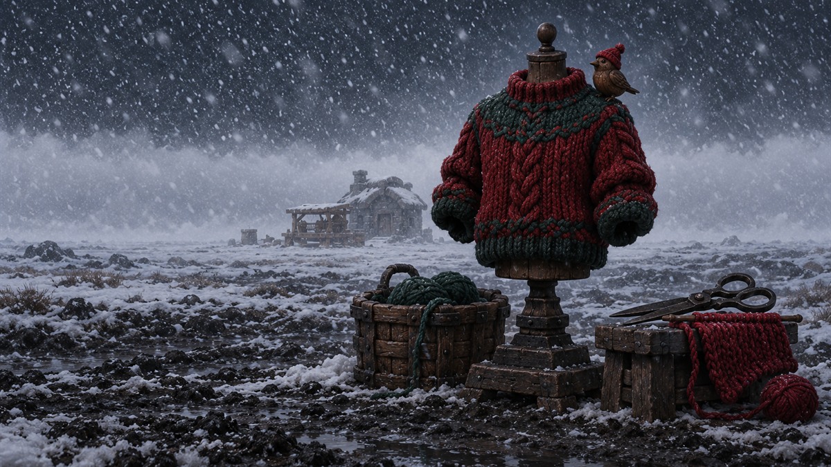 A red and green knitted sweater on a wooden mannequin with a small bird figure, in falling snow.