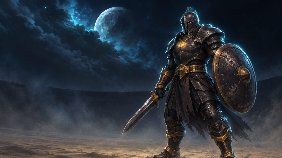 Ein Arenakämpfer mit Helm in dunkler Plattenrüstung mit goldverziertem Gürtel, Armschienen und Stiefeln steht auf mondbeschienenem Sand, in Gold und Cyan beleuchtet