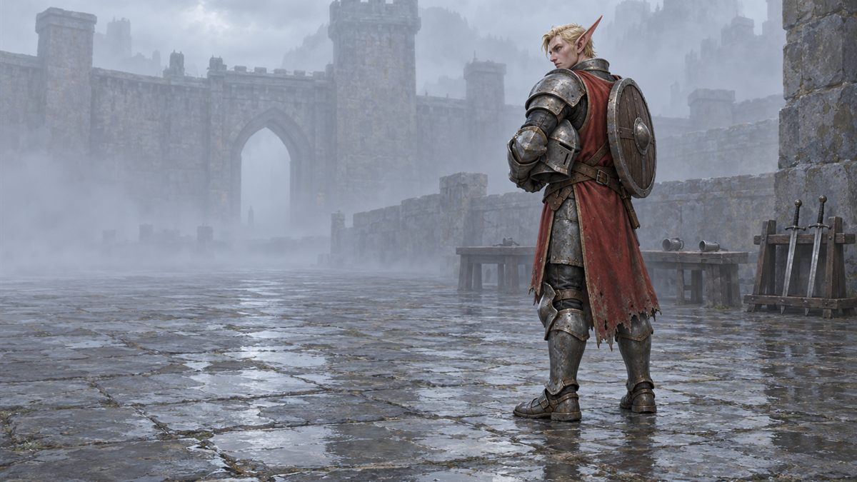 Un paladín elfo de sangre está solo en el patio vacío de una fortaleza en una mañana gris y con niebla.
