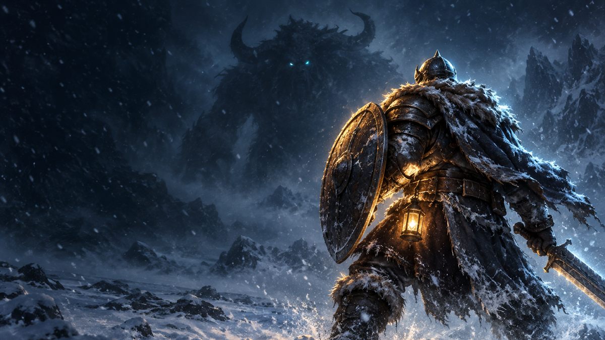 An armoured adventurer with a shield and sword braces in a night blizzard as a huge beast with glowing eyes looms out of the snow ahead of him